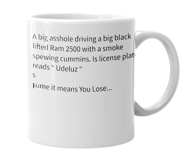 White mug with the definition of 'udeluz'