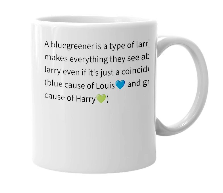 White mug with the definition of 'bluegreener'