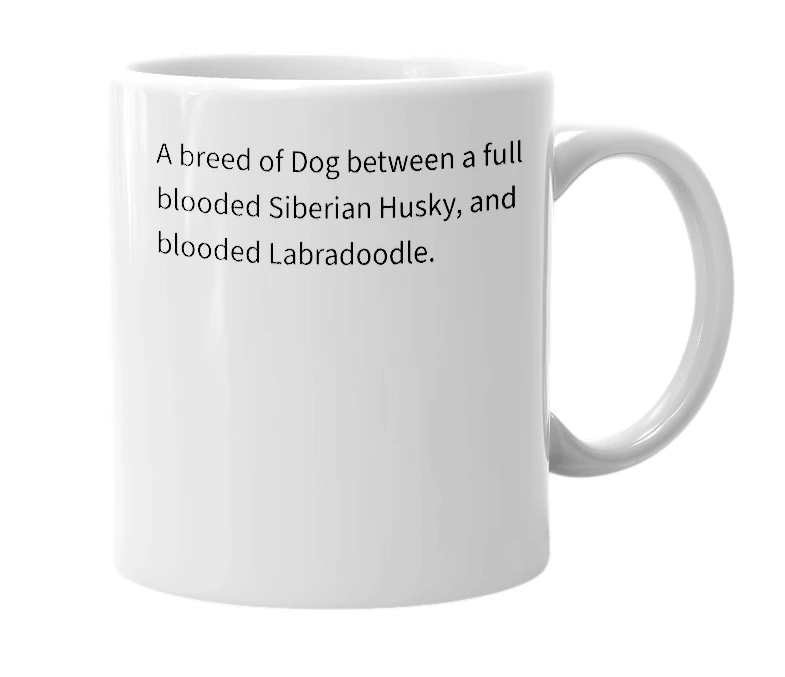 White mug with the definition of 'Siberdoodle'