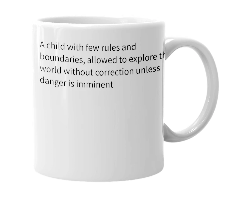 White mug with the definition of 'free-range child'