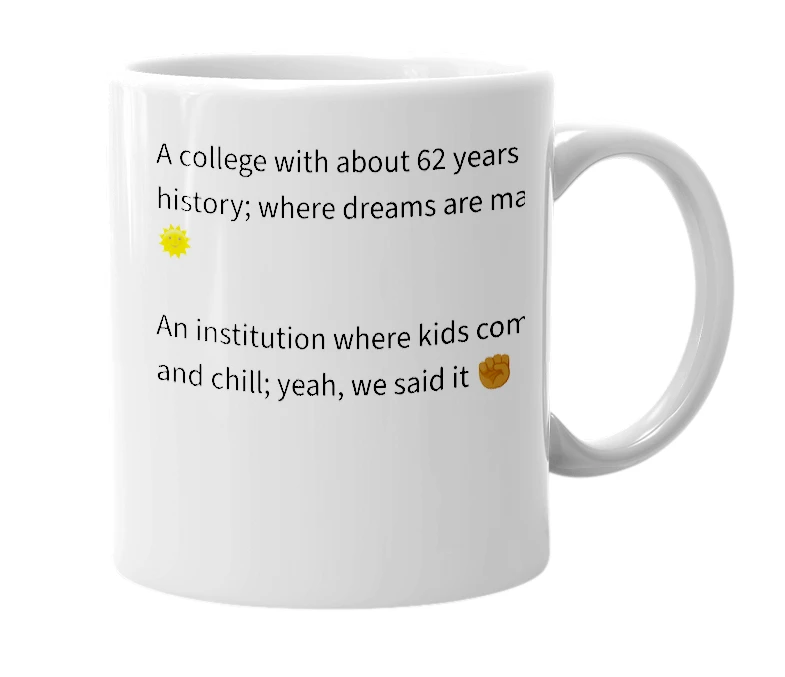 White mug with the definition of 'St. Francis College for Women'