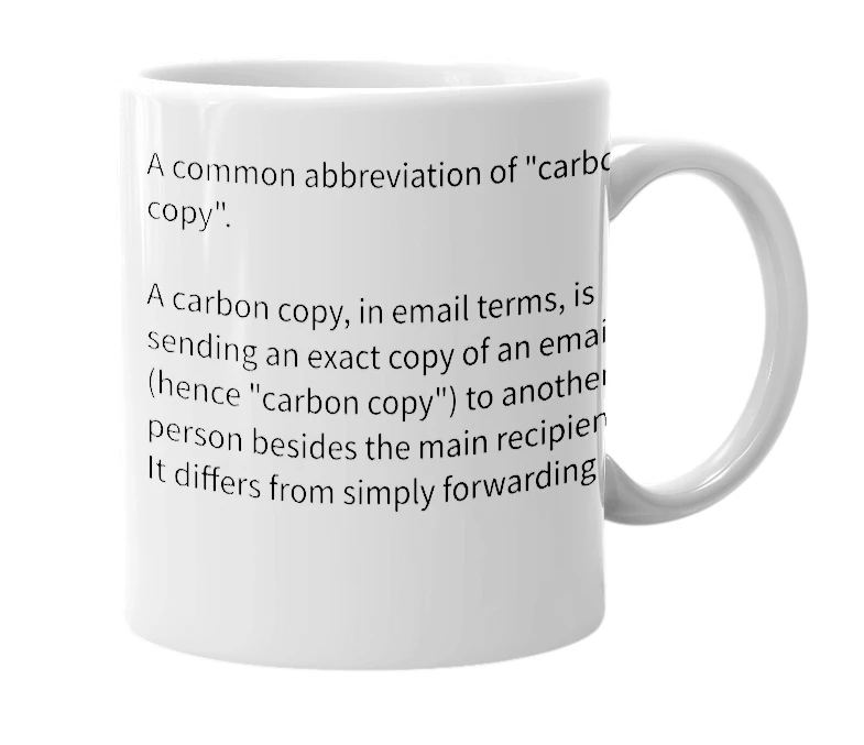 White mug with the definition of 'CC'