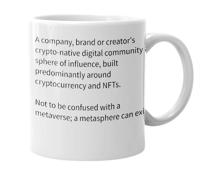 White mug with the definition of 'Metasphere'