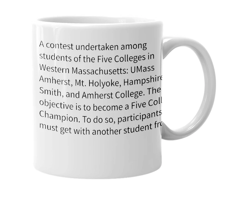 White mug with the definition of 'Five College Challenge'