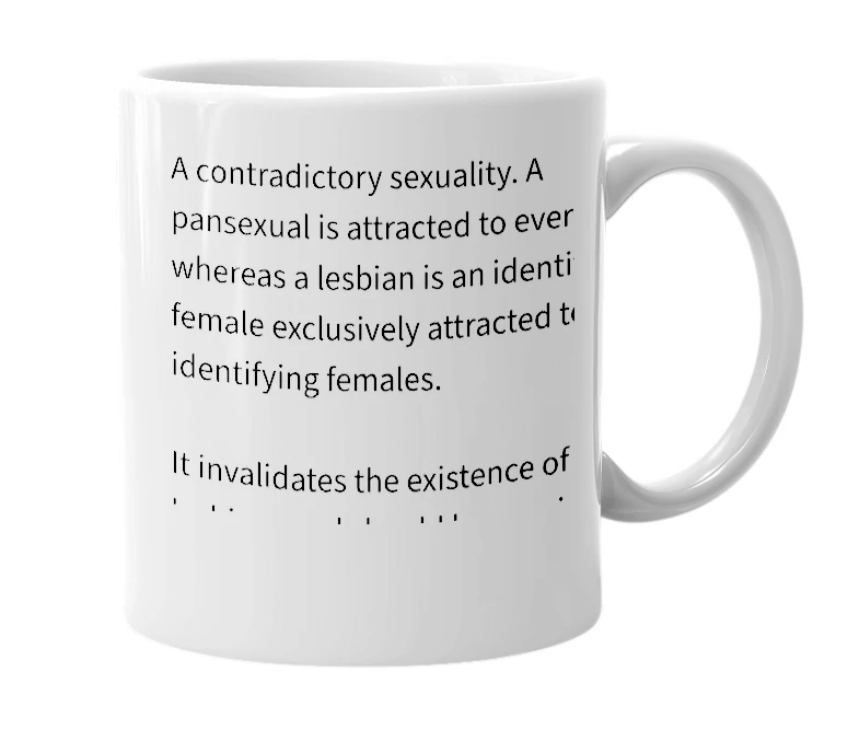 White mug with the definition of 'Pansexual Lesbian'