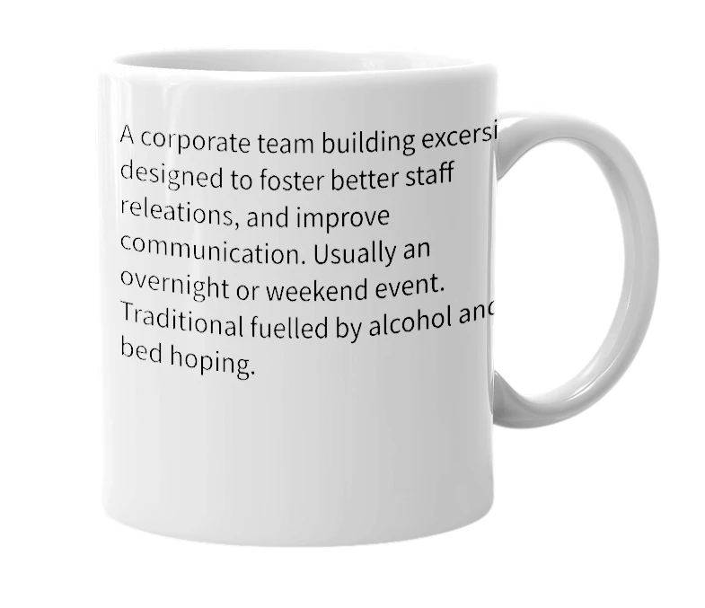 White mug with the definition of 'Staff Retreat'