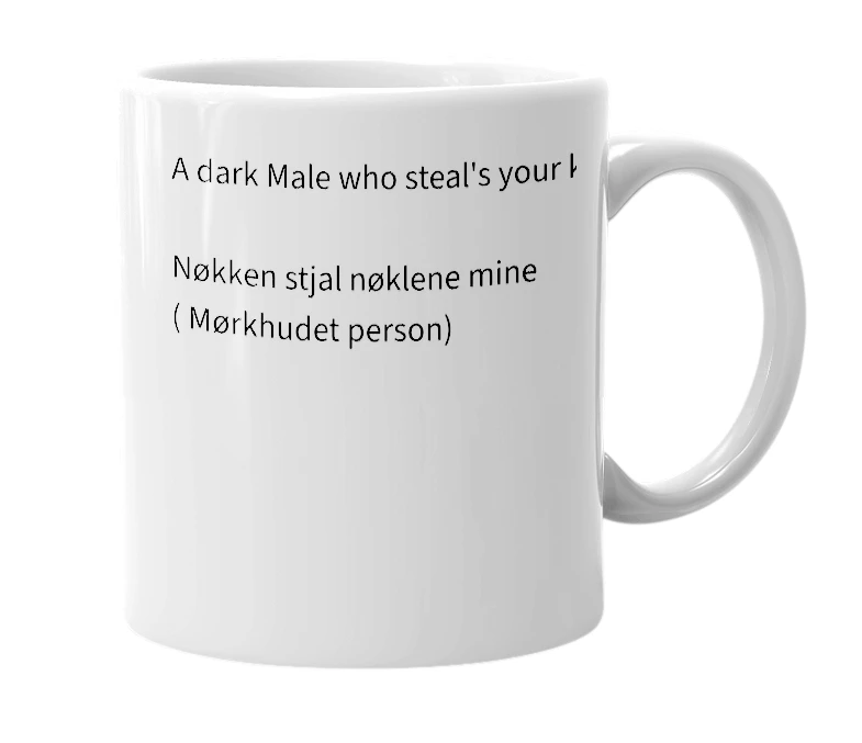 White mug with the definition of 'Nøkken'