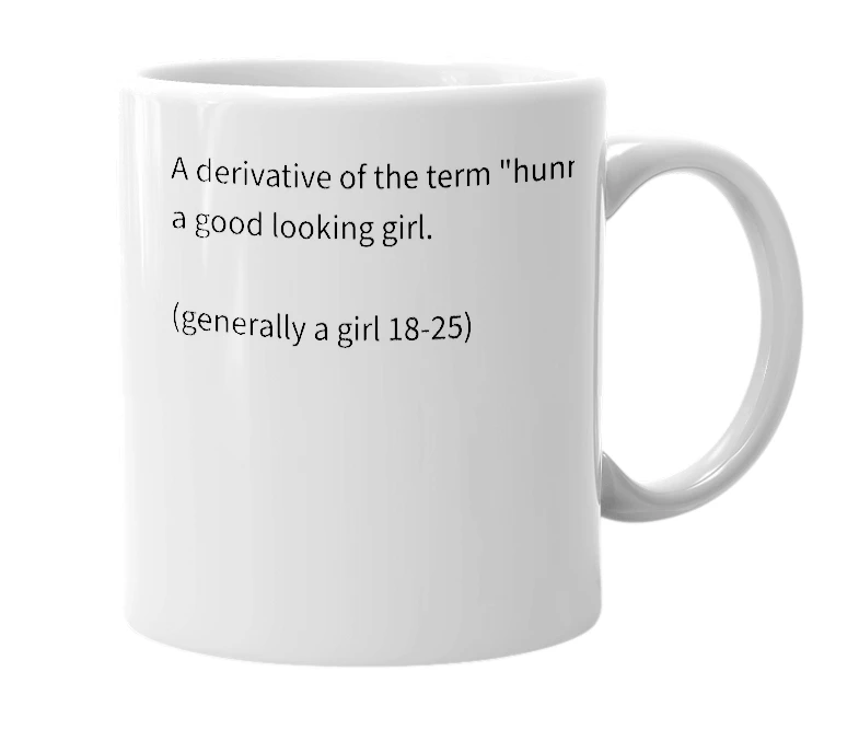 White mug with the definition of 'hun-dog'