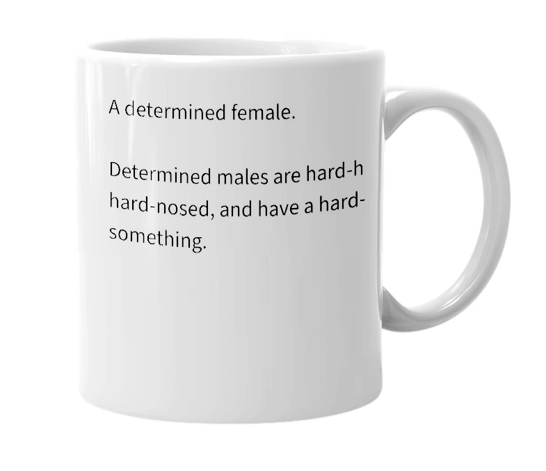 White mug with the definition of 'hard-nippled'