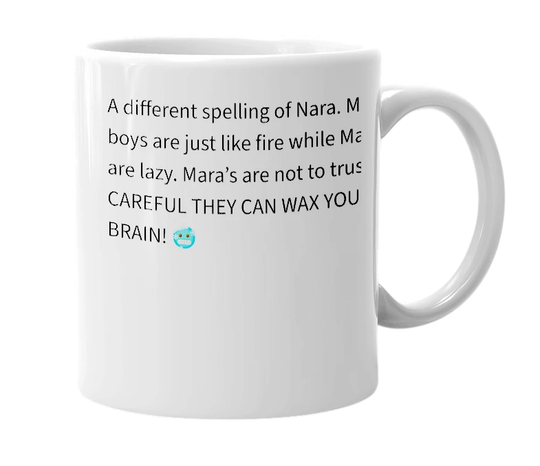 White mug with the definition of 'Mara'