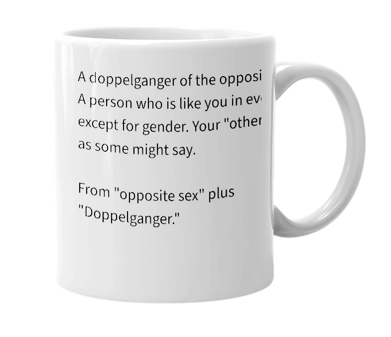 White mug with the definition of 'Oppoganger'