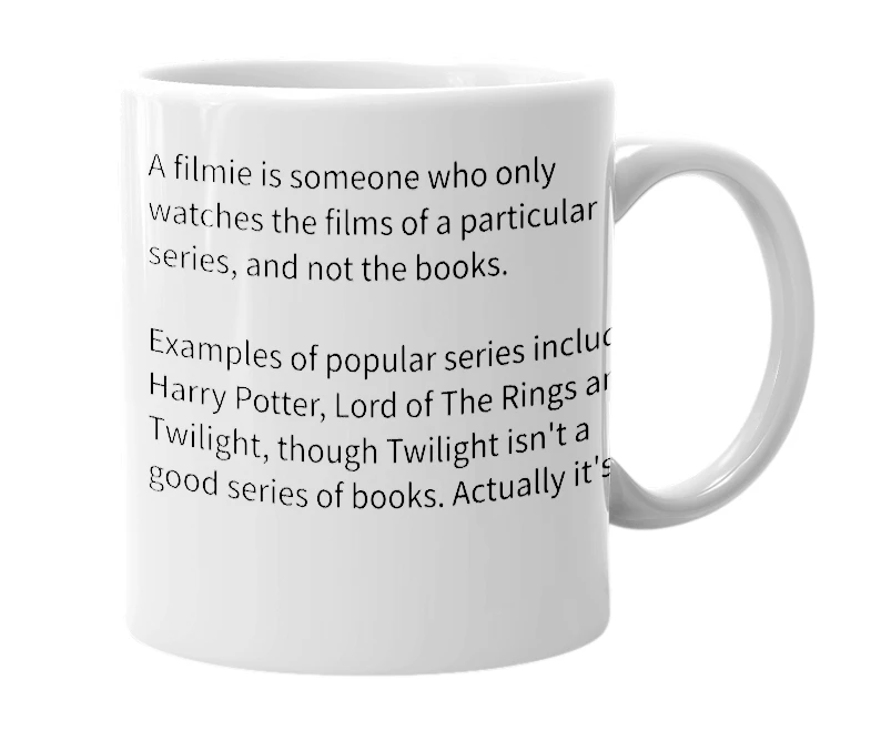 White mug with the definition of 'Filmie'