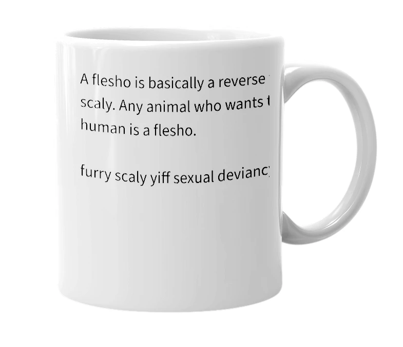 White mug with the definition of 'Flesho'