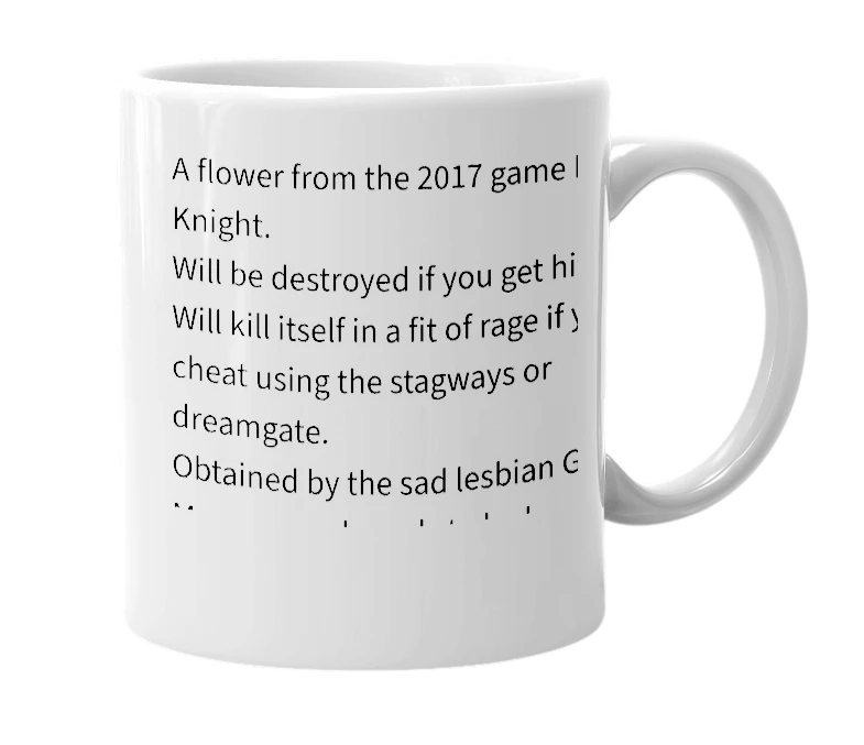White mug with the definition of 'Delicate Flower'