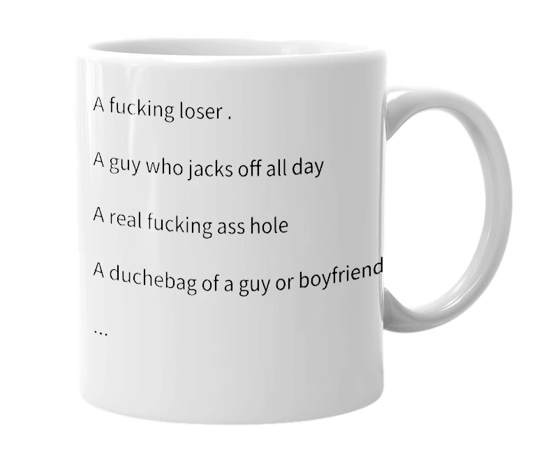 White mug with the definition of 'Jackoff mcgoff'