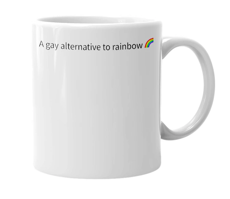 White mug with the definition of 'raibow'