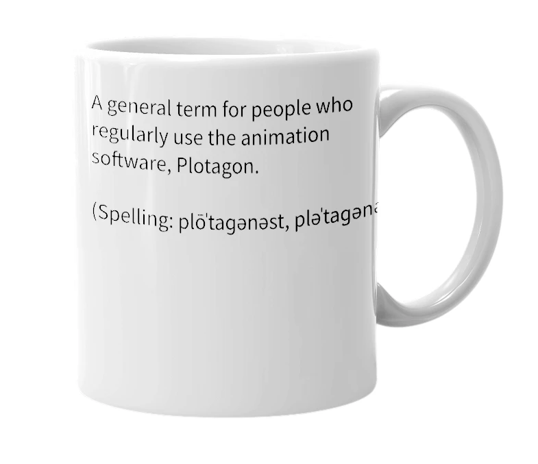 White mug with the definition of 'Plotagonist'