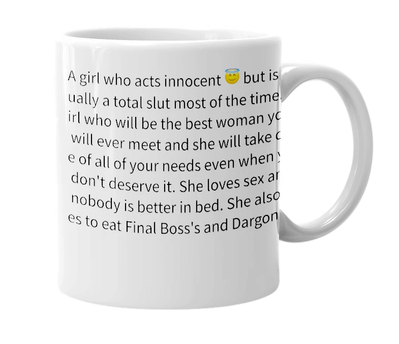 White mug with the definition of 'naughty angel'