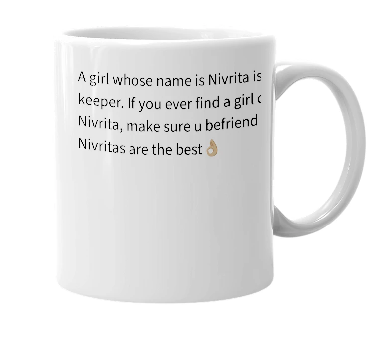 White mug with the definition of 'Nivrita'