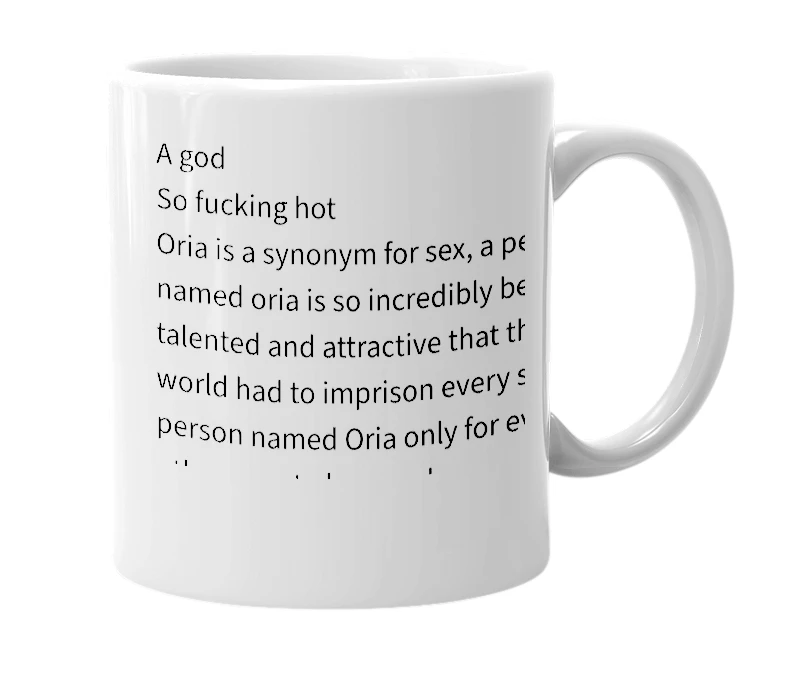 White mug with the definition of 'Oria'