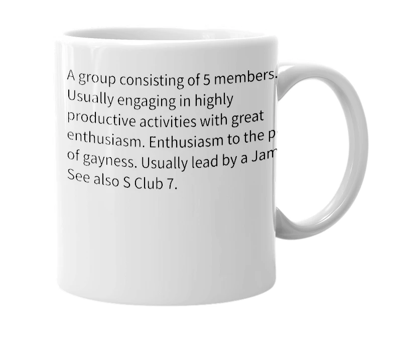 White mug with the definition of 'superhappyfunteam5'