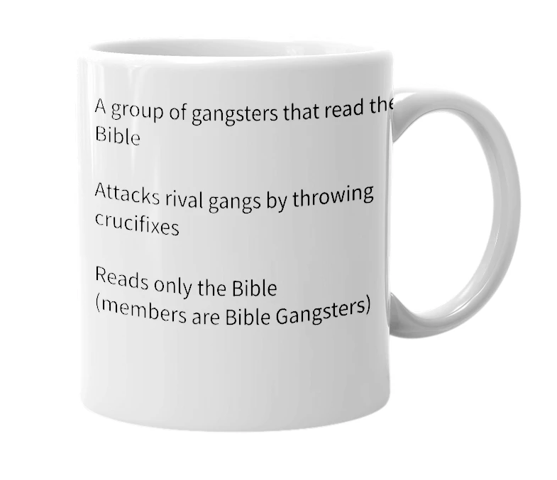 White mug with the definition of 'Bible gang'
