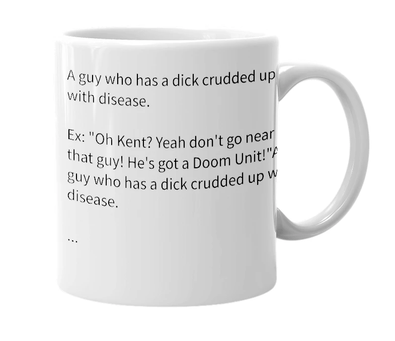 White mug with the definition of 'doom unit'