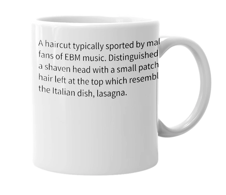 White mug with the definition of 'lasagna'