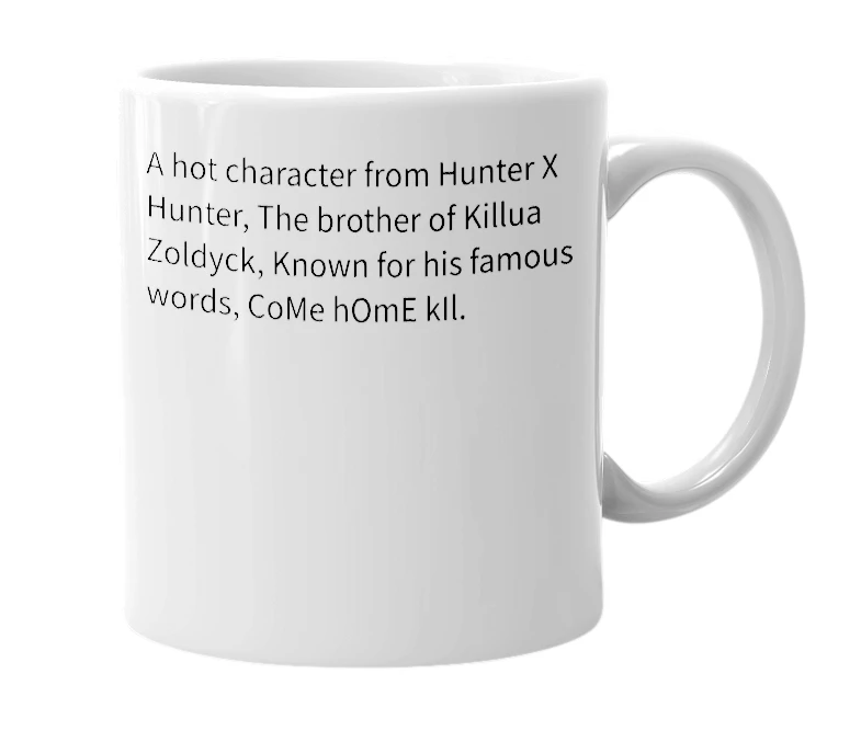 White mug with the definition of 'Illumi Zoldyck'