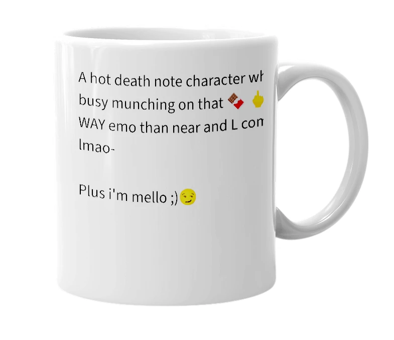 White mug with the definition of 'Mello'