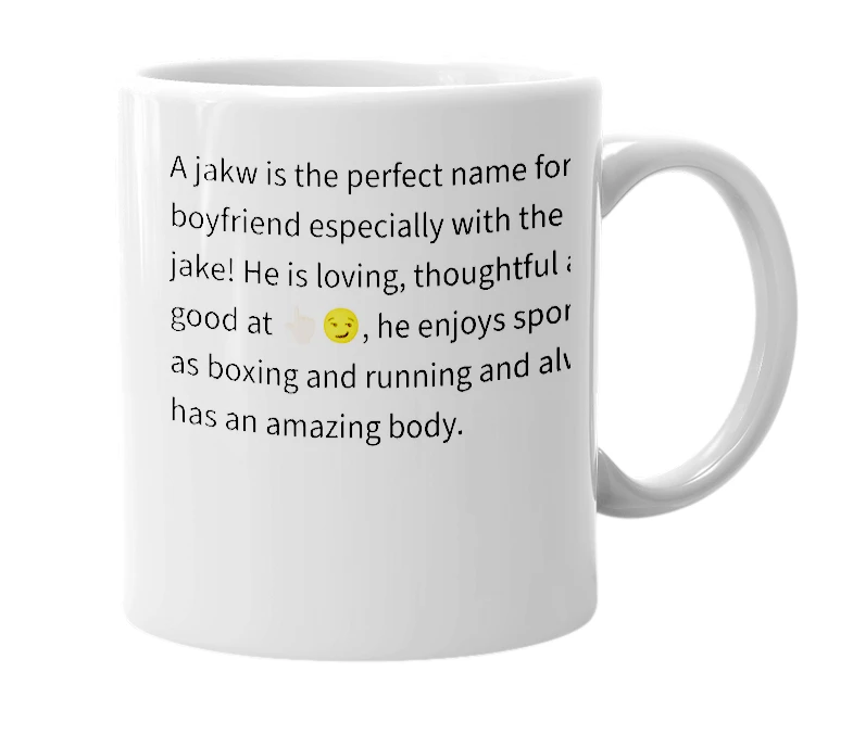White mug with the definition of 'jakw'