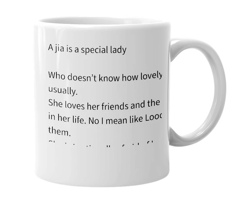 White mug with the definition of 'Jia'