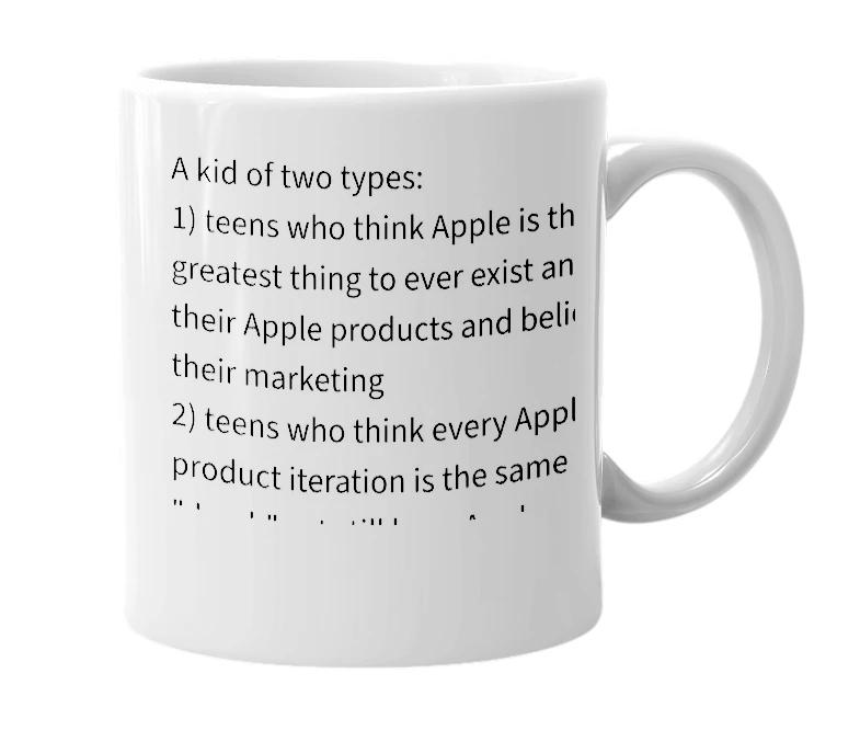 White mug with the definition of 'Apple Kid'