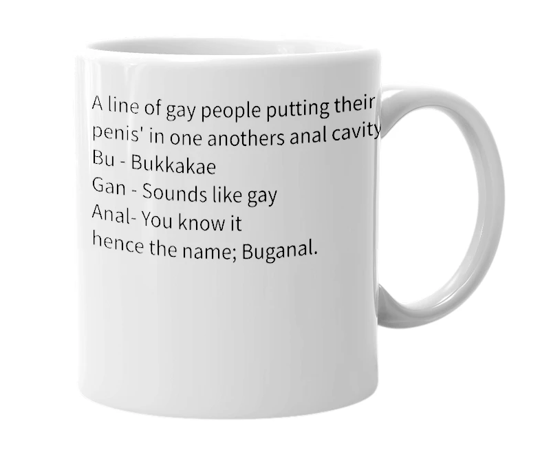 White mug with the definition of 'Buganal.'