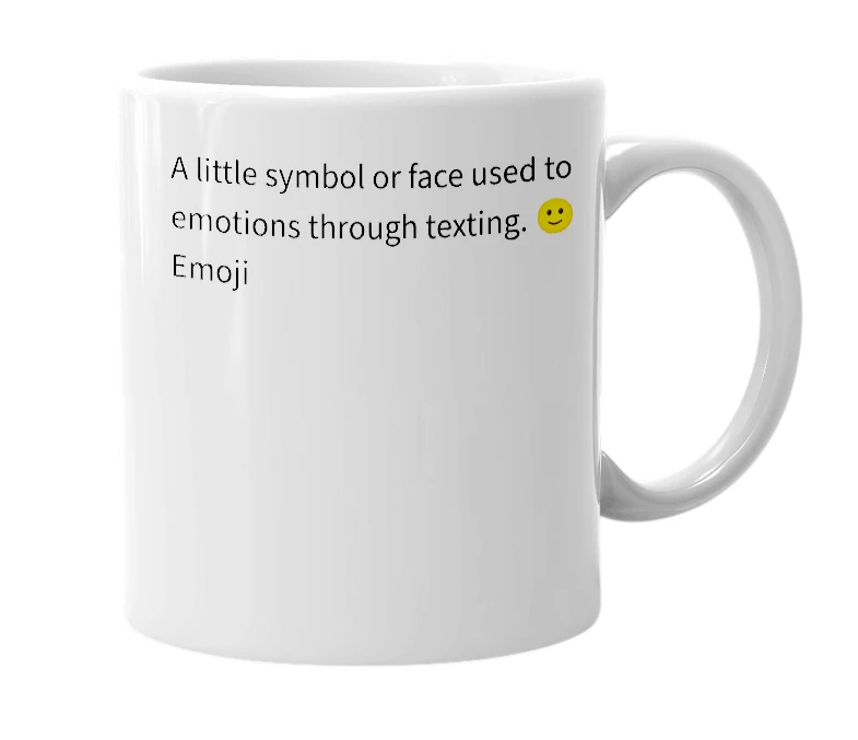 White mug with the definition of 'Emoji'