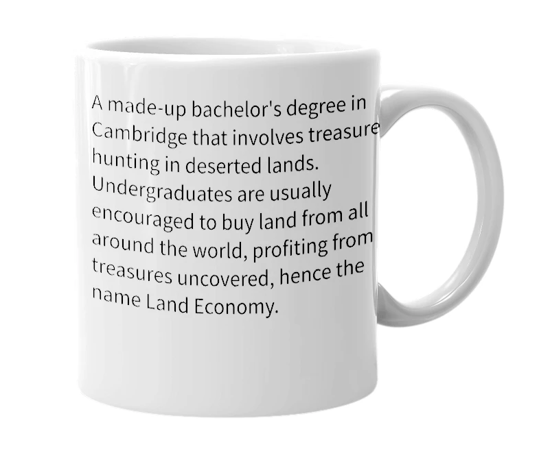 White mug with the definition of 'Land economy'