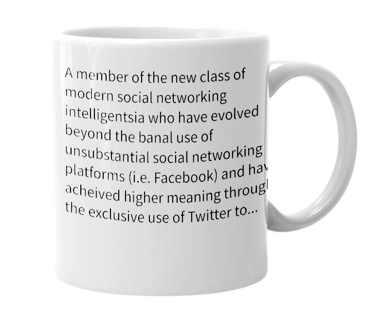 White mug with the definition of 'tweet-elite'