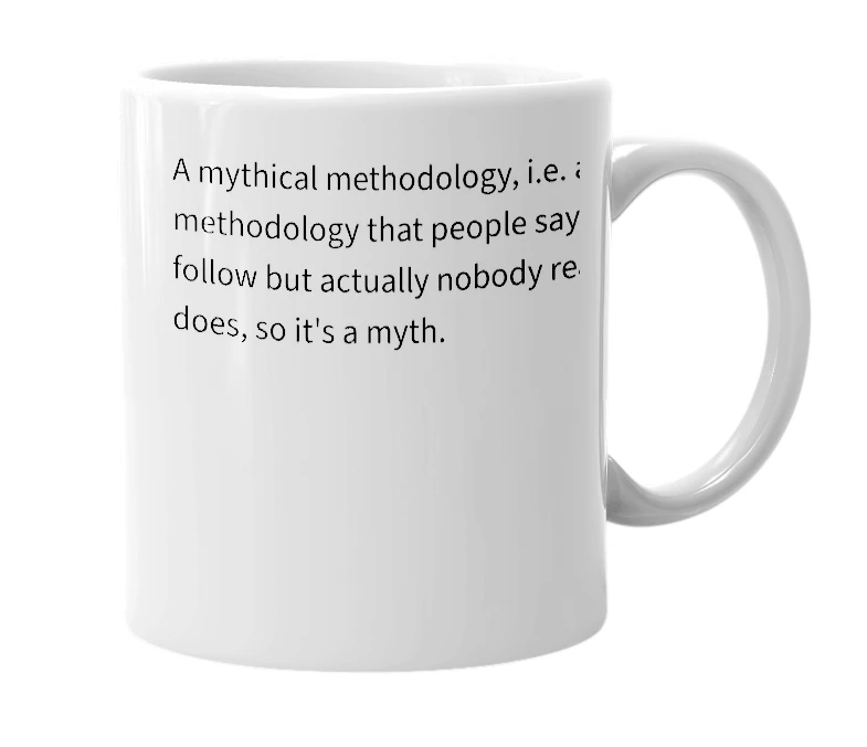 White mug with the definition of 'mythodology'