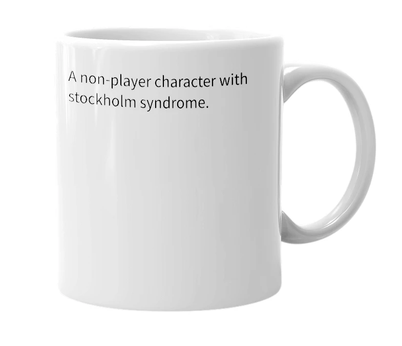 White mug with the definition of 'Stockholm NPC'