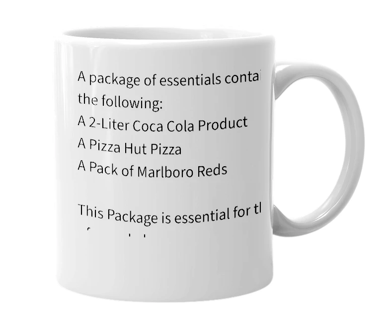 White mug with the definition of 'The V Pack'