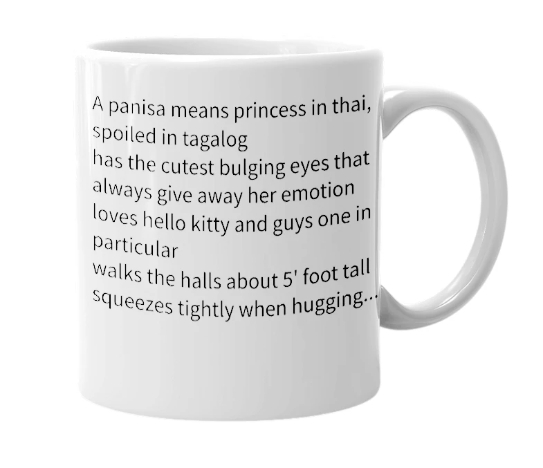 White mug with the definition of 'panisa'