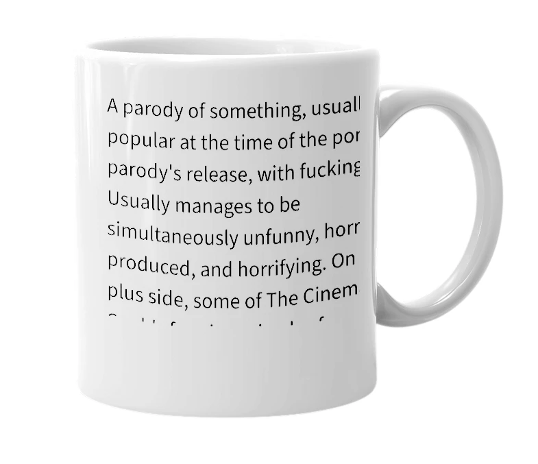 White mug with the definition of 'Porno parody'