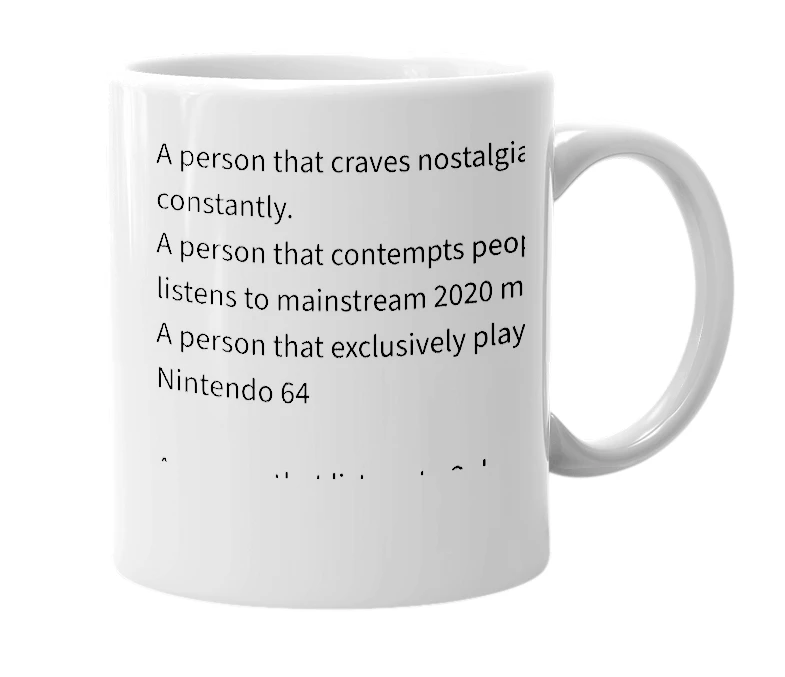 White mug with the definition of 'nostalgianiac'
