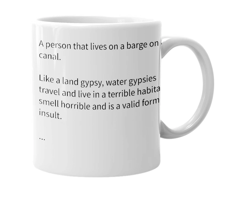 White mug with the definition of 'Water Gypsies'