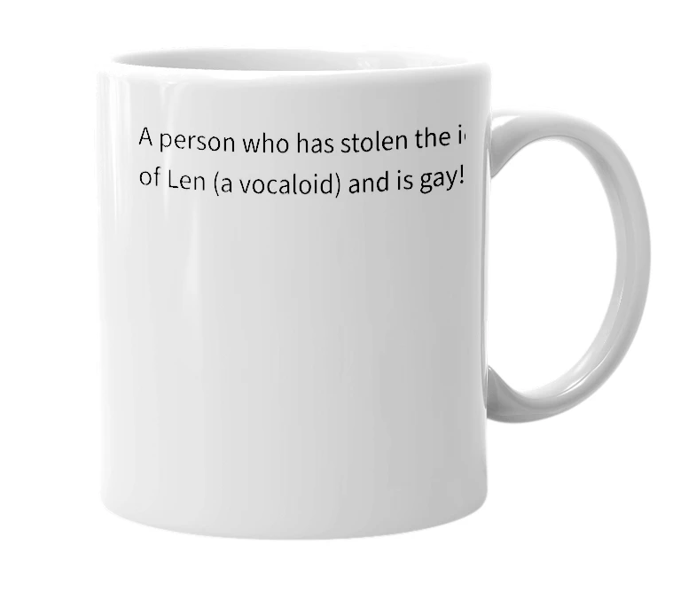 White mug with the definition of 'len_flavored_soda'