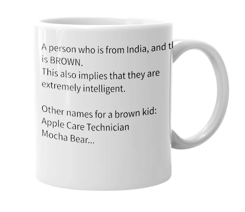 White mug with the definition of 'Brown Kid'