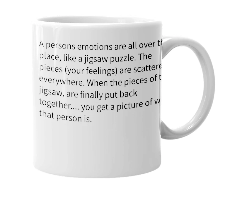 White mug with the definition of 'emotional jigsaw'