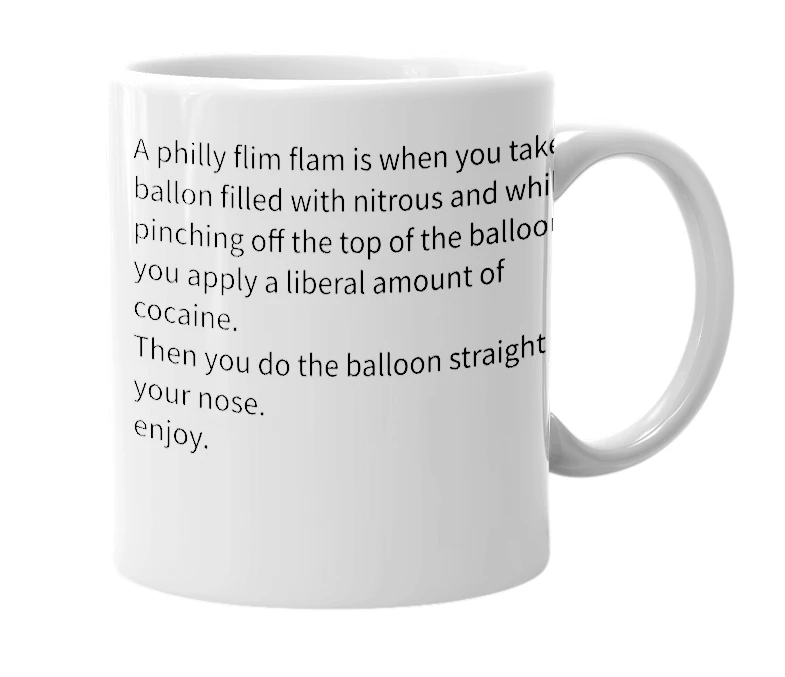 White mug with the definition of 'philadelphia flim flam'