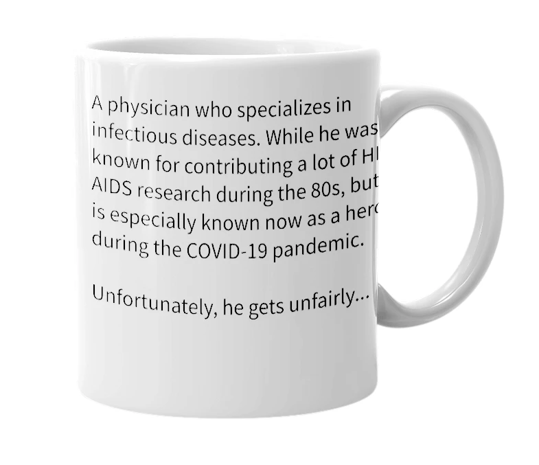 White mug with the definition of 'Anthony Fauci'