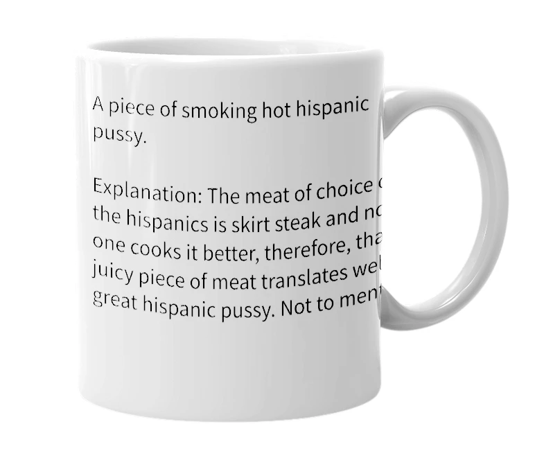 White mug with the definition of 'Skirt steak'
